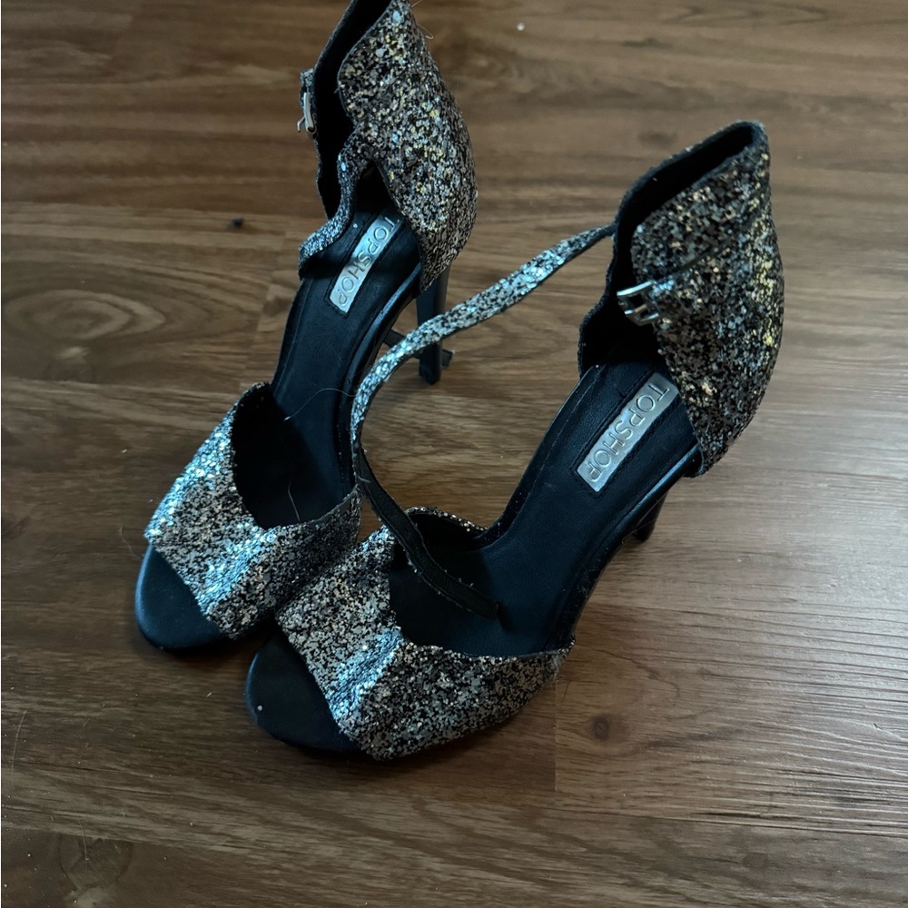 TOPSHOP Glittery Black and Silver Women's Heels size 5.5